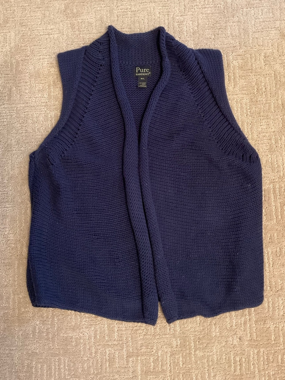 💙Pure Handknit Navy Blue 100% Cotton Sweater Vest Open Cardigan M/L Sleeveless